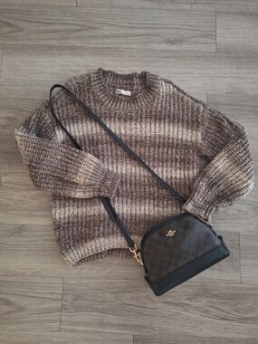 SO Brown and Cream Striped Crewneck Sweater